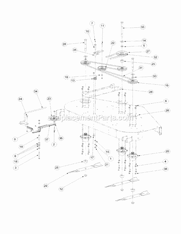 Fabricated Deck Spindle Assembly Diagram and Parts List for M60-KW 53CB5D8X750-25-HP-OHV Cub Cadet Lawn Tractor